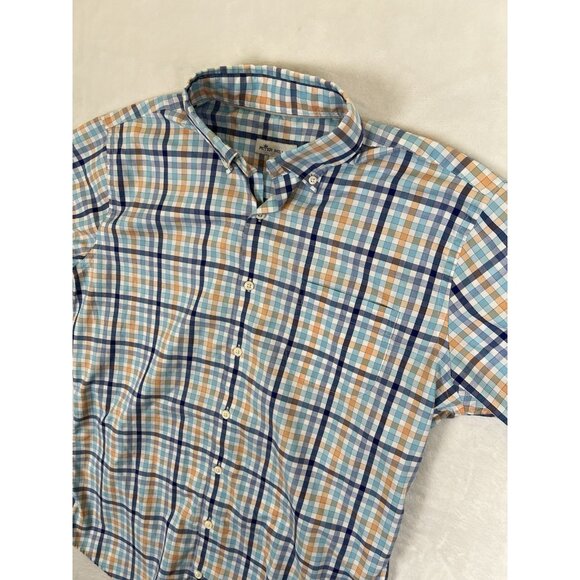 Peter Millar Short Sleeve Plaid Button Up Shirt Size Medium Blue Orange White - Picture 1 of 7